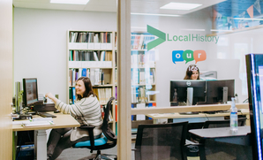 Photo of the entrance to the Local History room of the Innisfil ideaLAB & Library 