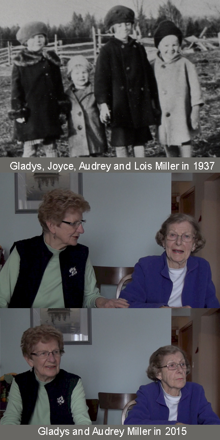 Then and now photo montage of 4 sisters in 1937 in black and white and in 2015